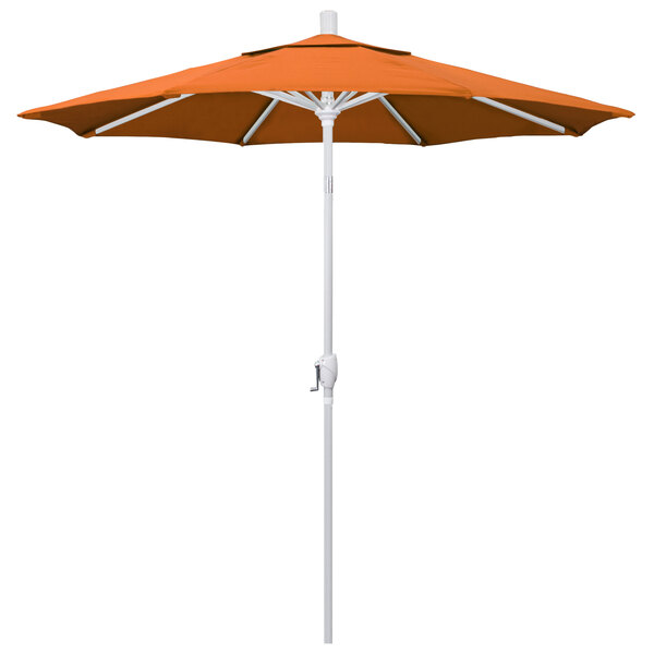 A Tuscan fabric California Umbrella with a matte white pole.