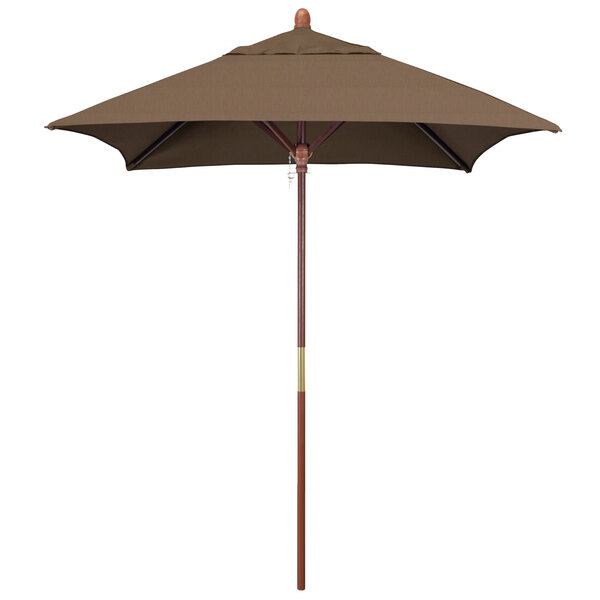 A brown California Umbrella with a wooden pole.