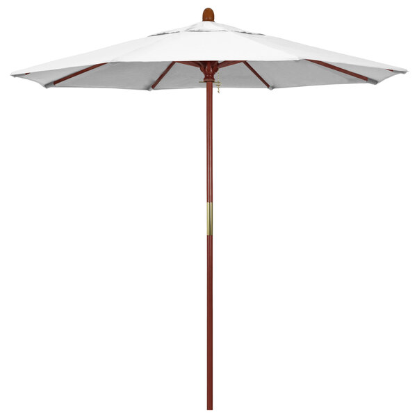 A white California Umbrella with a natural Sunbrella canopy and a hardwood pole.