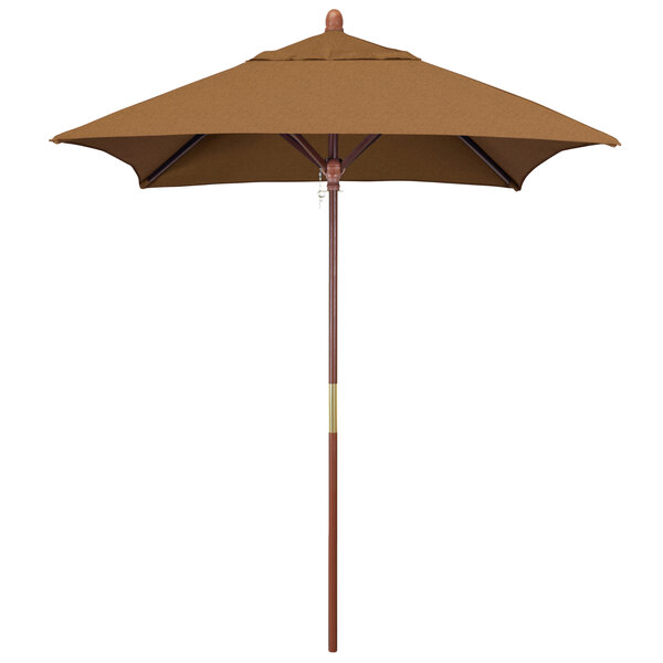 A close-up of a brown California Umbrella with a wooden pole.