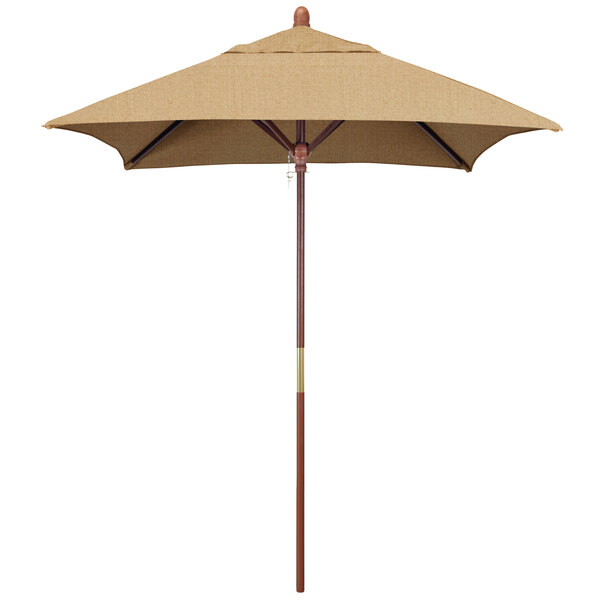 A brown umbrella with a Sunbrella linen sesame canopy and a wooden pole.