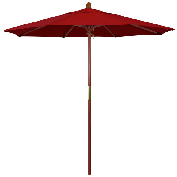 A California Umbrella with Sunbrella Jockey Red canopy and hardwood pole.
