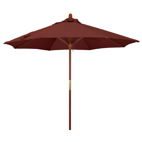 A California Umbrella with a wooden pole and red Olefin canopy.