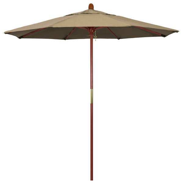 A California Umbrella with a Sunbrella Heather Beige canopy and hardwood pole.