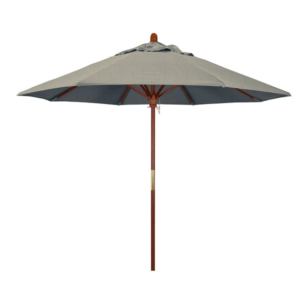 A California Umbrella with a Sunbrella Spectrum Dove canopy and hardwood pole.