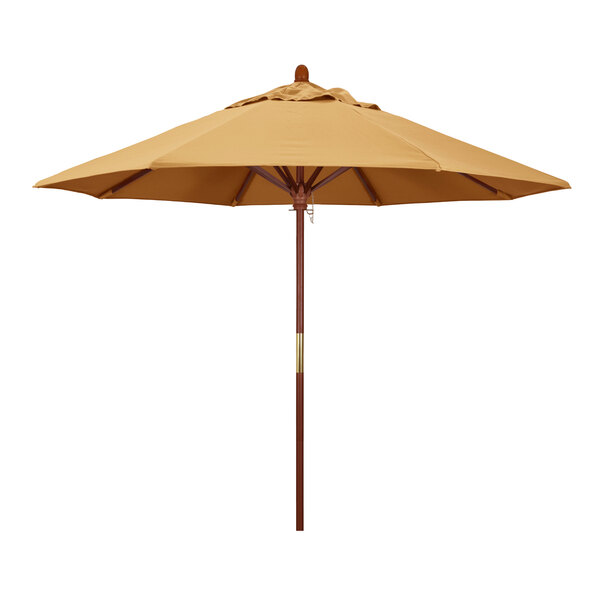 A California Umbrella Grove wooden umbrella with a Sunbrella wheat canopy.