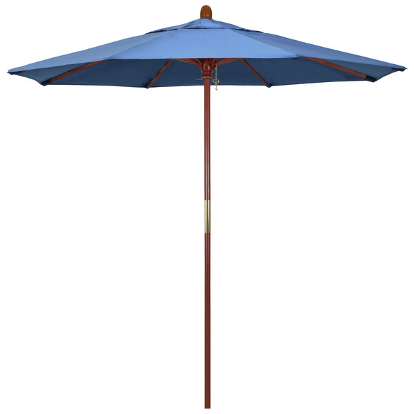 A blue California Umbrella with a wooden pole.
