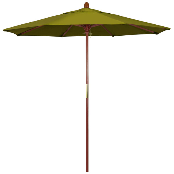 A green umbrella with a wooden pole.