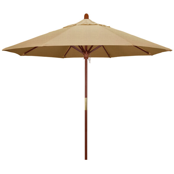 A California Umbrella Grove 9' round outdoor umbrella with a Sunbrella Linen Sesame canopy and a hardwood pole.