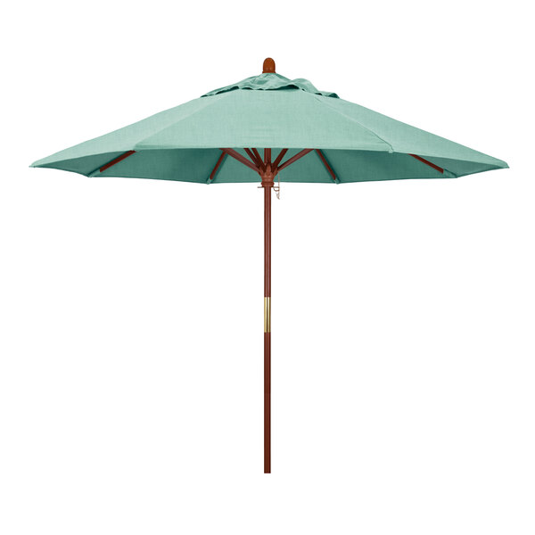 A green California Umbrella with a hardwood pole.