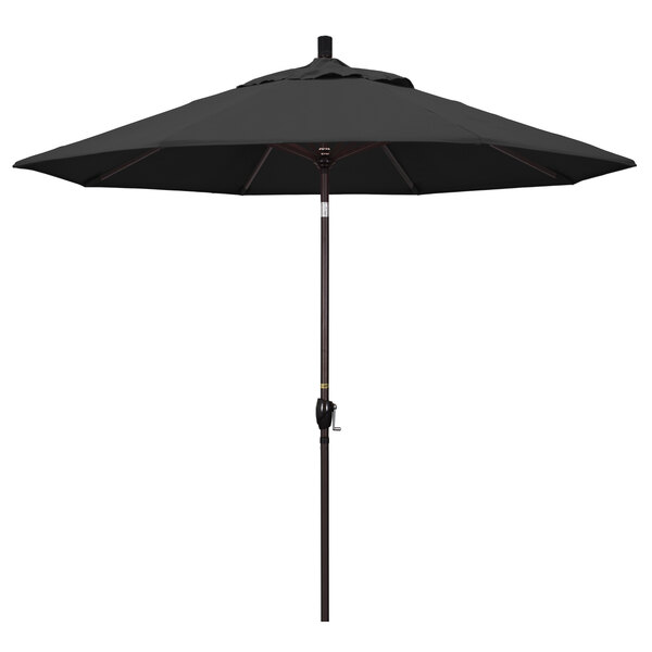 A black California Umbrella with a bronze aluminum pole.