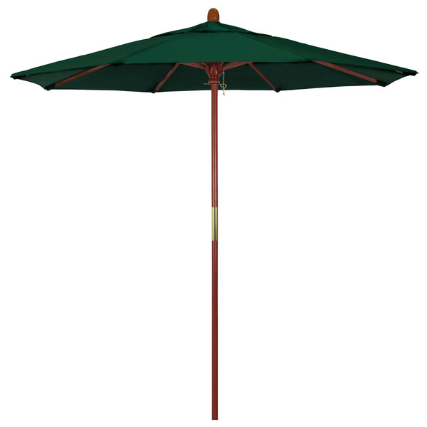 A California Umbrella round outdoor umbrella with a Forest Green Sunbrella canopy and hardwood pole.