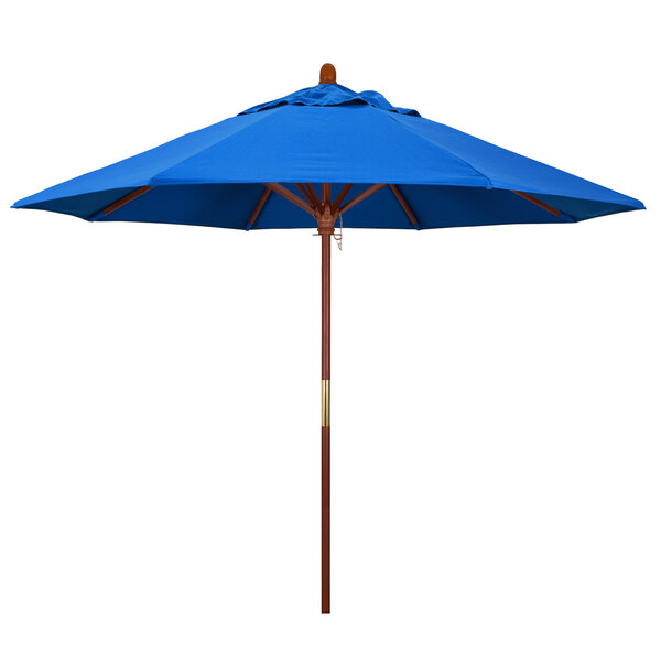 A California Umbrella with a Royal Blue Olefin Canopy and Hardwood Pole.