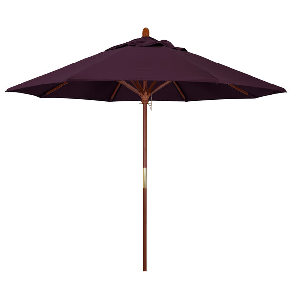 A Pacifica purple California Umbrella with a wooden pole.