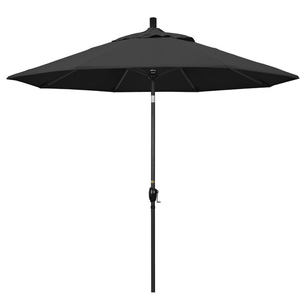 A close up of a black California Umbrella on a Stone Black metal pole.