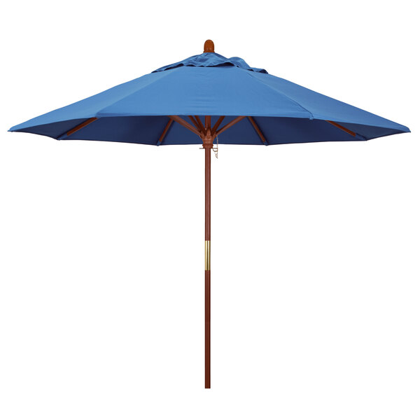 A blue California Umbrella with a wooden pole.