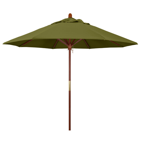 A California Umbrella Pacifica Grove round outdoor umbrella with a green canopy and hardwood pole.