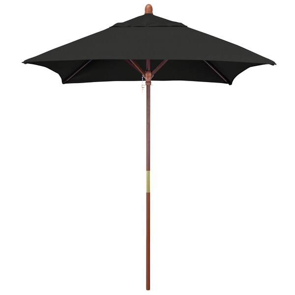 A black umbrella with a wooden pole.