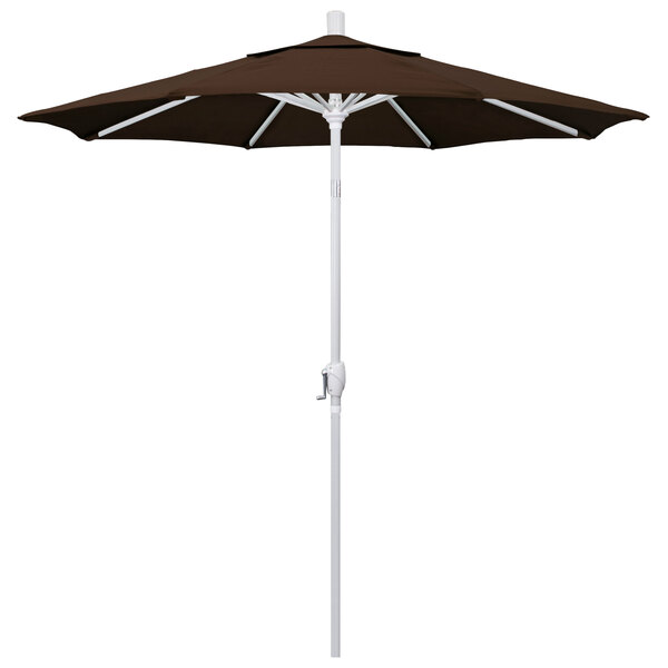 A close-up of a brown California Umbrella on a white pole.