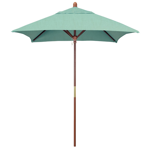 A blue umbrella with a wooden pole and a green canopy.