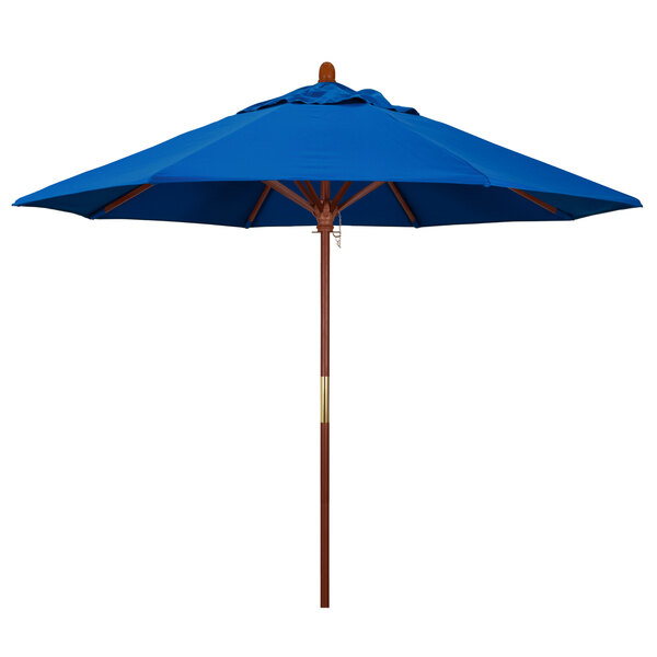 A Pacific blue California Umbrella with a wooden pole.
