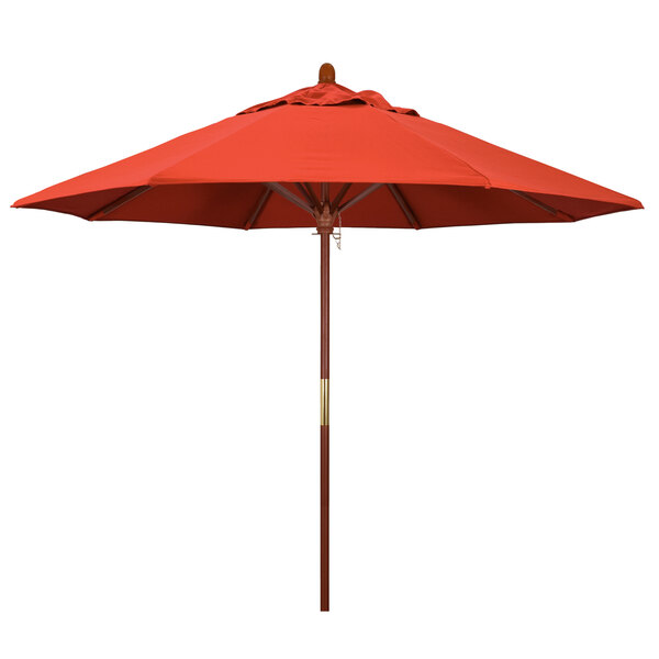 A red umbrella with a hardwood pole.