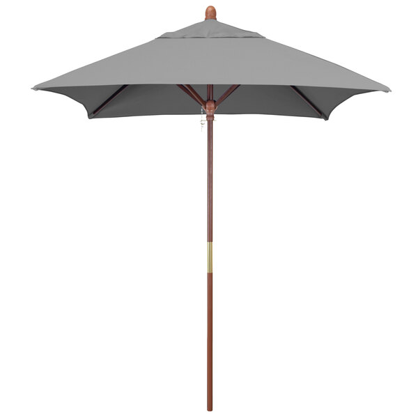 A California Umbrella Grove square outdoor umbrella with a Sunbrella Granite canopy and a hardwood pole.