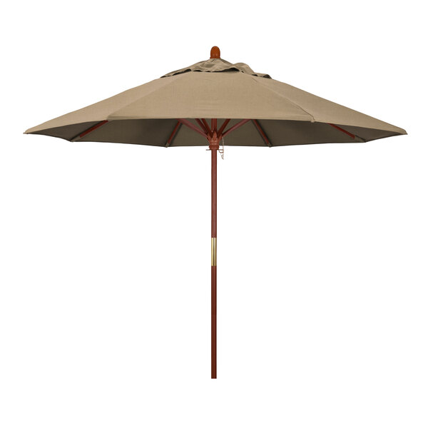 A California Umbrella with a Heather Beige Sunbrella canopy and wooden pole.