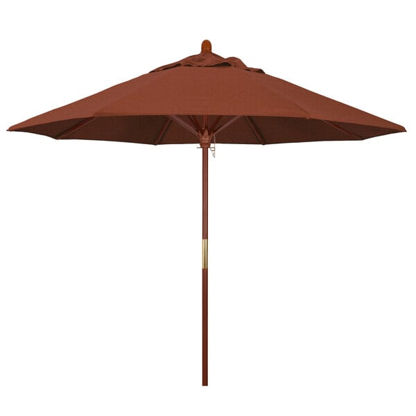 A California Umbrella Grove round outdoor umbrella with a terracotta Olefin canopy and hardwood pole.