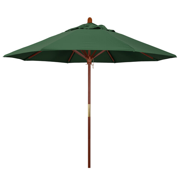 A Hunter Green California Umbrella with a wooden pole.