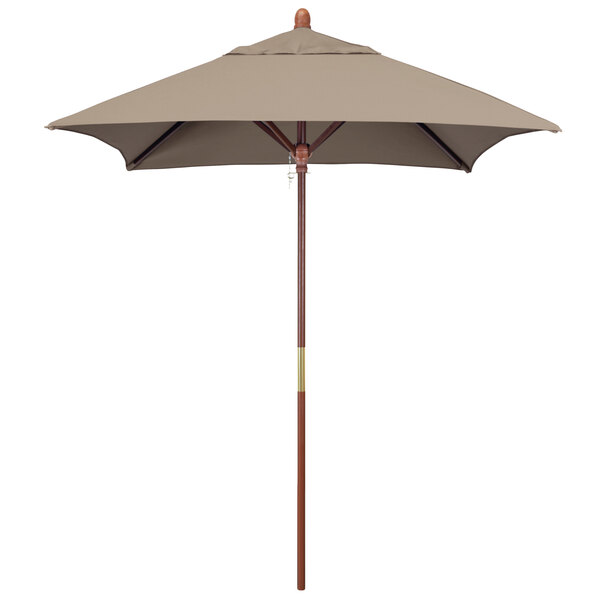 A large California Umbrella with a taupe Sunbrella canopy and a hardwood pole.