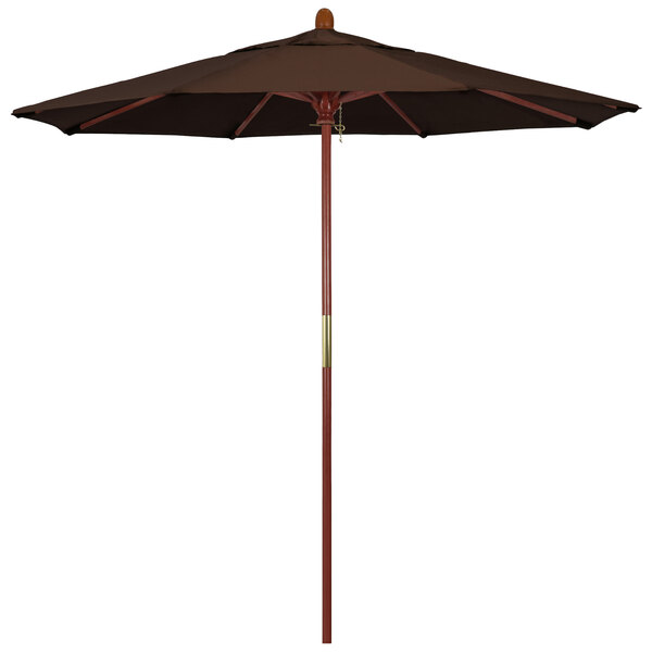 A California Umbrella Pacifica Mocha Grove round table umbrella with a hardwood pole and brown canopy.