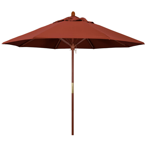 A California Umbrella Grove 9' round outdoor umbrella with a Sunbrella terracotta canopy and hardwood pole.