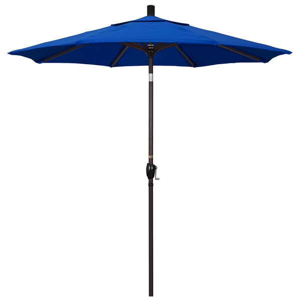 A Pacific blue California Umbrella with a bronze pole.