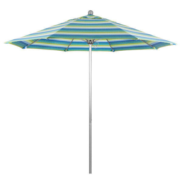 A California Umbrella ALTO round outdoor umbrella with blue and yellow striped Sunbrella canopy on a silver aluminum pole.
