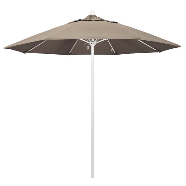 A California Umbrella ALTO 9' Round umbrella with a taupe Sunbrella canopy and a white aluminum pole.