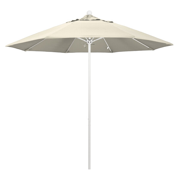 A close-up of a white California Umbrella with a pole and an antique beige canopy.