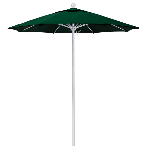 A forest green California Umbrella with a white pole.