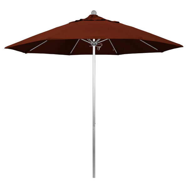 A red California Umbrella with a brown canopy and a silver pole.