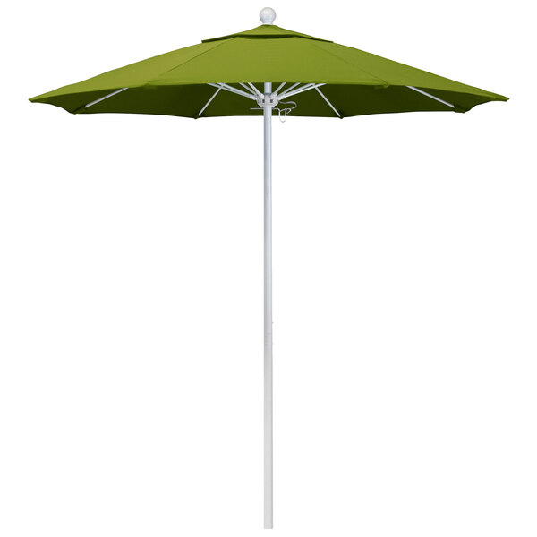 A kiwi green California Umbrella on a white pole.