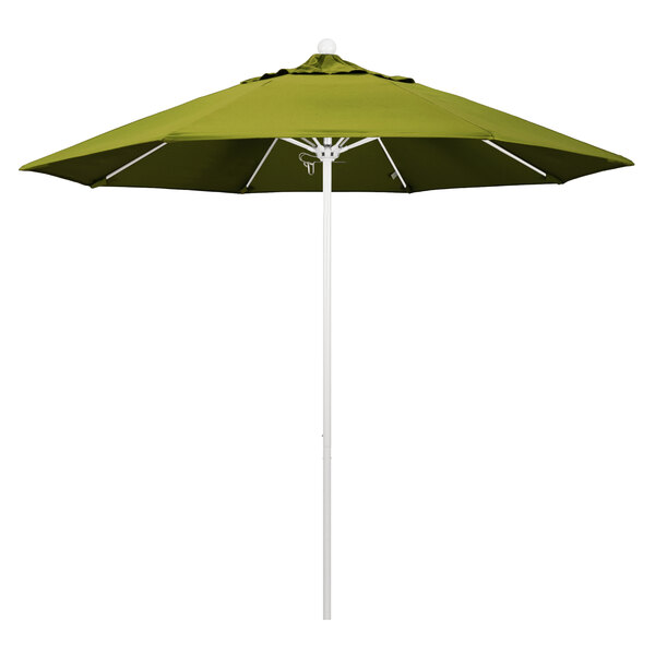 A green California Umbrella with a white pole.