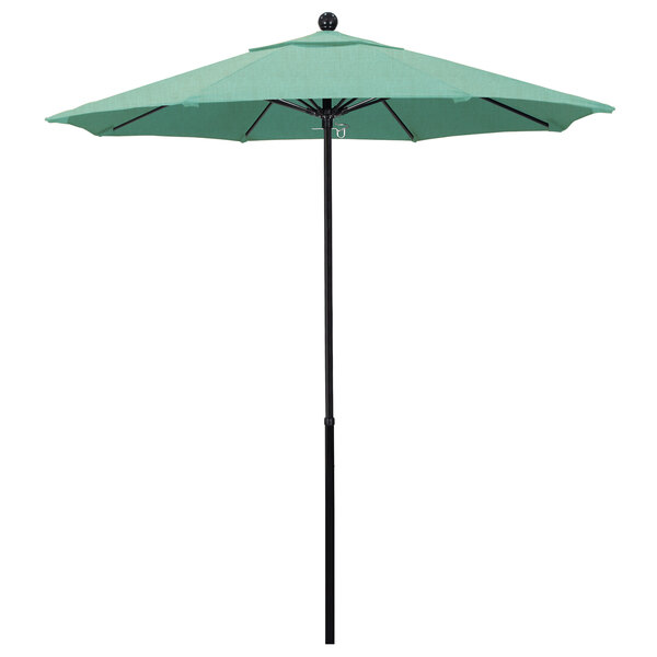 A green California Umbrella with Sunbrella 1A Spectrum Mist fabric on a black pole.