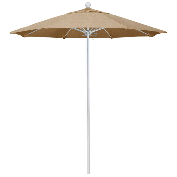 A tan California Umbrella with a Sunbrella Linen Sesame canopy on a white pole.
