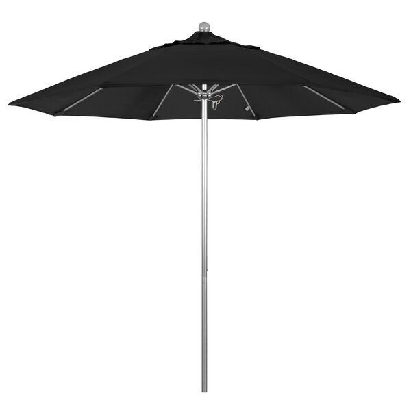 A black California Umbrella on a white background with a silver metal pole.