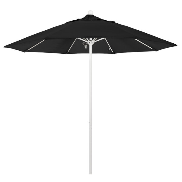 A black California Umbrella with a white pole.