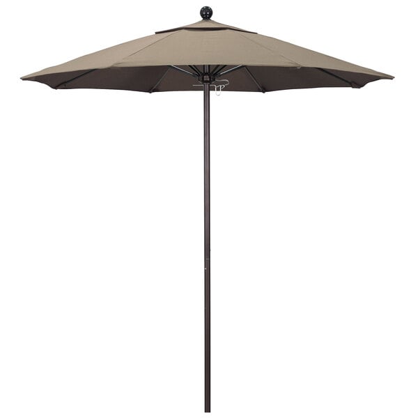 A California Umbrella ALTO round outdoor umbrella with a taupe Sunbrella canopy on a bronze aluminum pole.