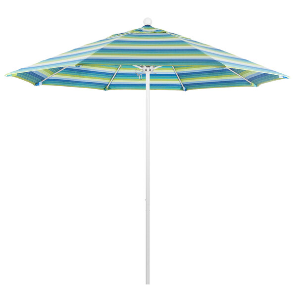 A California Umbrella with blue and green stripes on the canopy and a white pole.