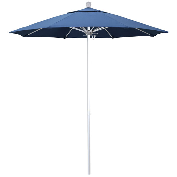 A blue California Umbrella on a silver aluminum pole with a white background.