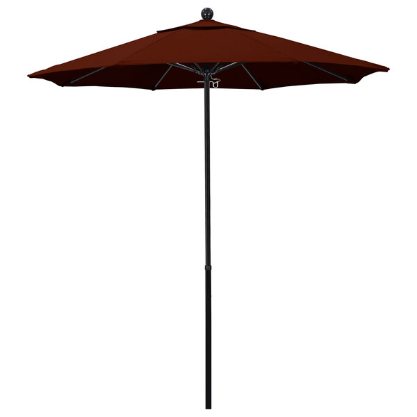 A brown California Umbrella with a Pacifica canopy on a black pole.