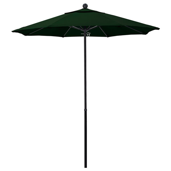A green California Umbrella with a black pole.